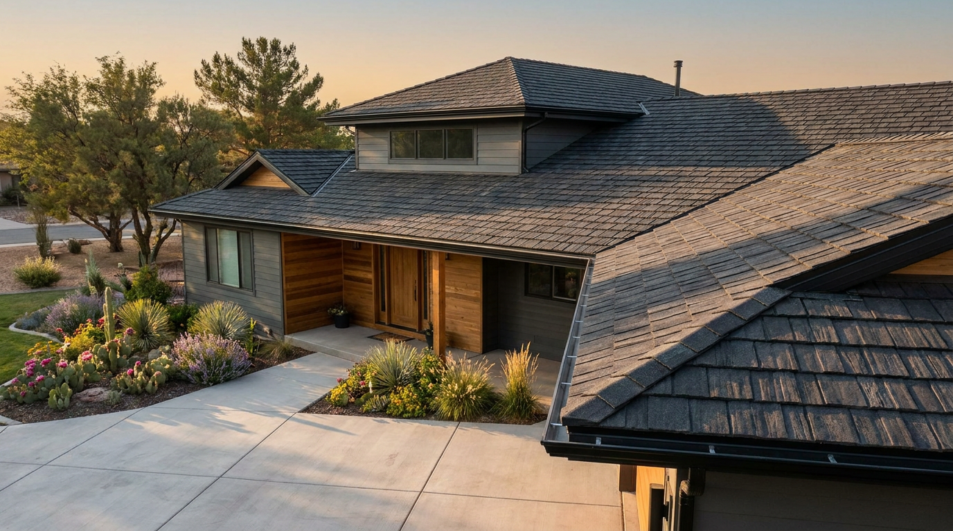 Modern single-story house with wood and gray siding, large front windows, a covered entryway, pitched roof, and landscaped front yard with shrubs and flowers—an exterior remodel that enhances curb appeal and boosts home value. Modern single-story house with wood and gray siding, large front windows, a covered entryway, pitched roof, and landscaped front yard with shrubs and flowers—an exterior remodel that enhances curb appeal and boosts home value.