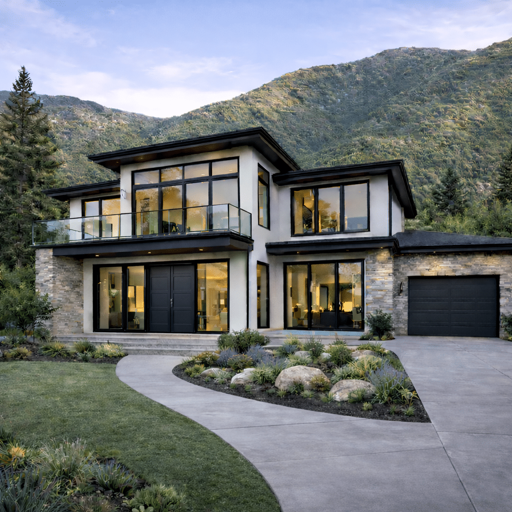 Modern two-story house with large windows featuring expert aluminum window installation, glass railings, and attached garage. Set against green mountains and trees near Salt Lake City, with a concrete walkway leading to the entrance. Modern two-story house with large windows featuring expert aluminum window installation, glass railings, and attached garage. Set against green mountains and trees near Salt Lake City, with a concrete walkway leading to the entrance.