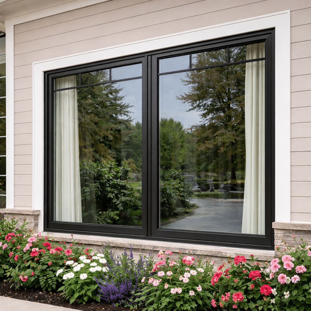 Large double-pane window with black frame and white curtains, reflecting trees and sky, set in beige siding above a flower bed with pink and white blooms—ideal for homes in Salt Lake City seeking quality aluminum window installation. Large double-pane window with black frame and white curtains, reflecting trees and sky, set in beige siding above a flower bed with pink and white blooms—ideal for homes in Salt Lake City seeking quality aluminum window installation.