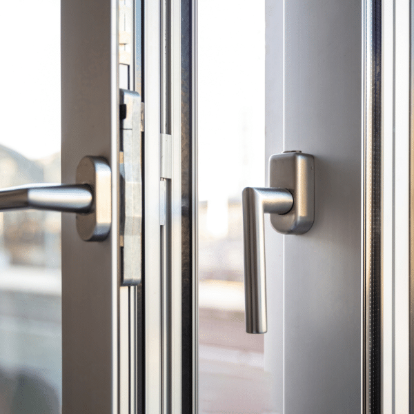 Close-up of two silver handles on partially open glass doors, highlighting a modern locking mechanism and natural light—perfect for an Aluminum Window Installation in Salt Lake City, Utah. Close-up of two silver handles on partially open glass doors, highlighting a modern locking mechanism and natural light—perfect for an Aluminum Window Installation in Salt Lake City, Utah.