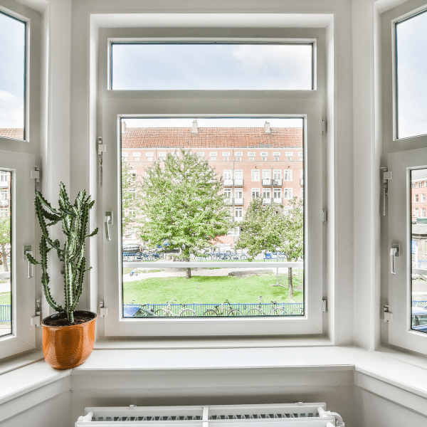 A large composite window with white frames overlooks a park and brick buildings in Salt Lake City. A potted cactus sits on the windowsill above a radiator. A large composite window with white frames overlooks a park and brick buildings in Salt Lake City. A potted cactus sits on the windowsill above a radiator.