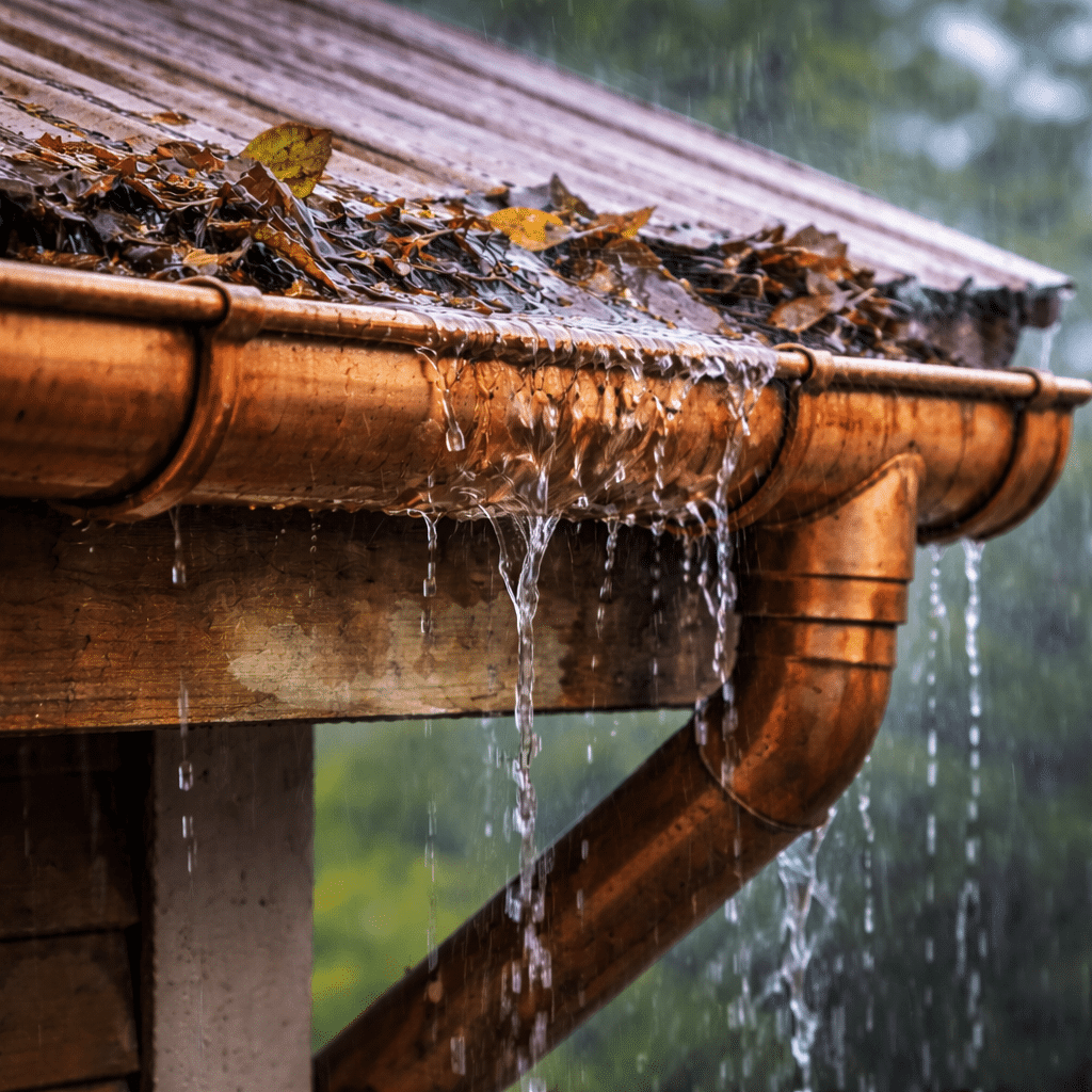 Rainwater overflows from a copper gutter clogged with wet leaves on a house roof during a storm in Salt Lake City, Utah. Rainwater overflows from a copper gutter clogged with wet leaves on a house roof during a storm in Salt Lake City, Utah.