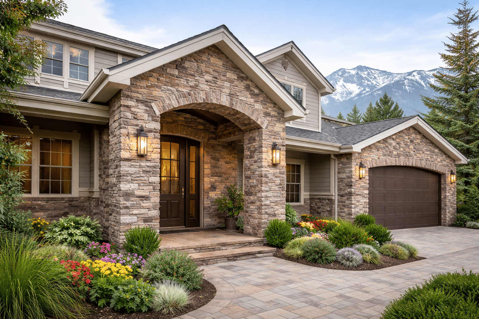 Two-story house in Salt Lake City with a stone exterior featuring cultured stone veneer, large arched entry, double garage, landscaped front yard, and mountain view in the background under a clear sky.