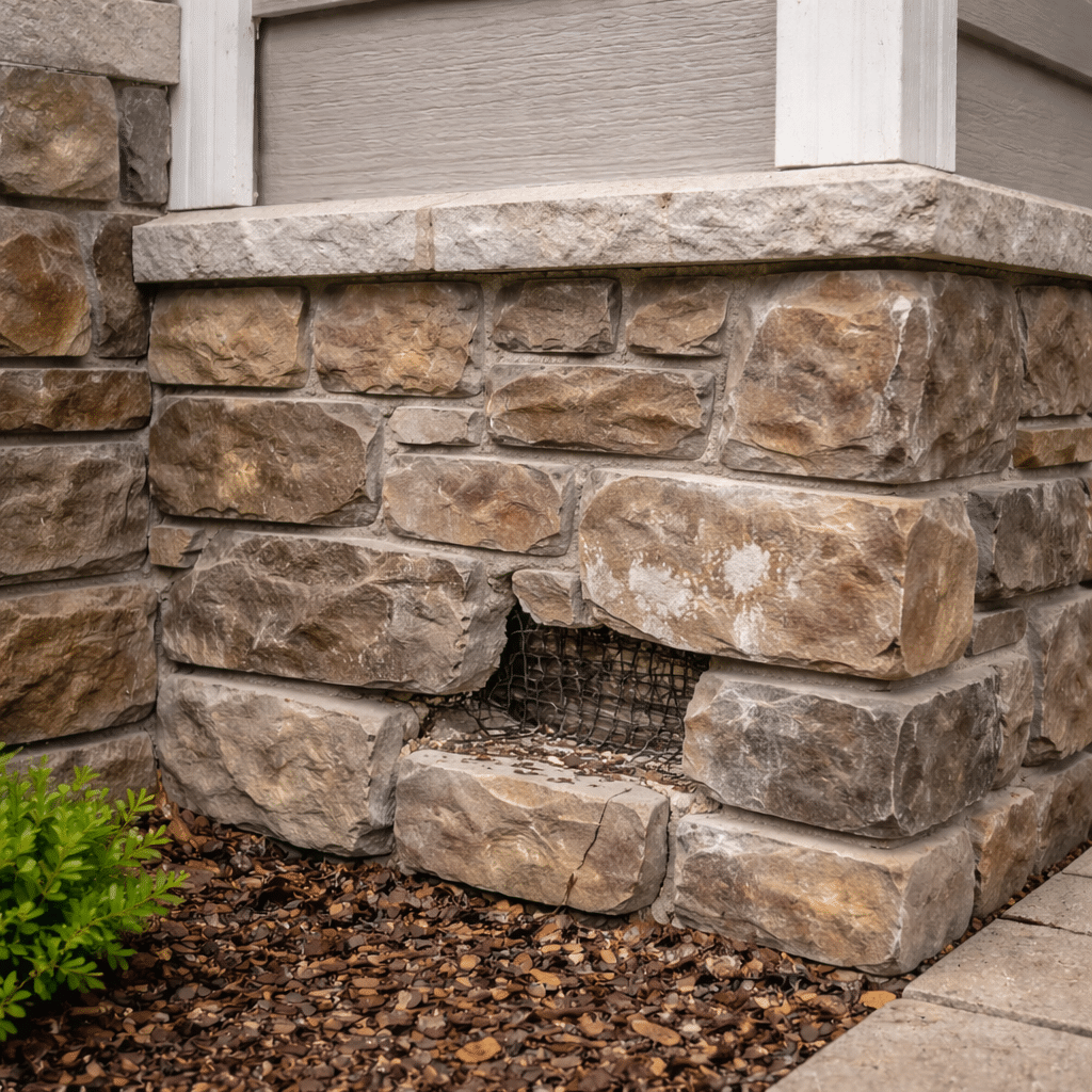 A stone house foundation in Salt Lake City with a small vent opening covered by wire mesh, surrounded by mulch and a green plant—a showcase of expert Exterior Installation with Dutch Quality Stone. A stone house foundation in Salt Lake City with a small vent opening covered by wire mesh, surrounded by mulch and a green plant—a showcase of expert Exterior Installation with Dutch Quality Stone.