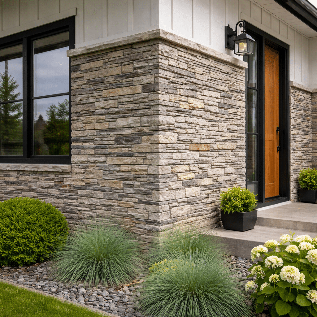 Modern house exterior with Dutch Quality Stone facade, black-framed windows, wooden front door, and neatly landscaped garden with shrubs, grasses, hydrangeas, and potted plants—perfect for stylish living in Salt Lake City. Modern house exterior with Dutch Quality Stone facade, black-framed windows, wooden front door, and neatly landscaped garden with shrubs, grasses, hydrangeas, and potted plants—perfect for stylish living in Salt Lake City.