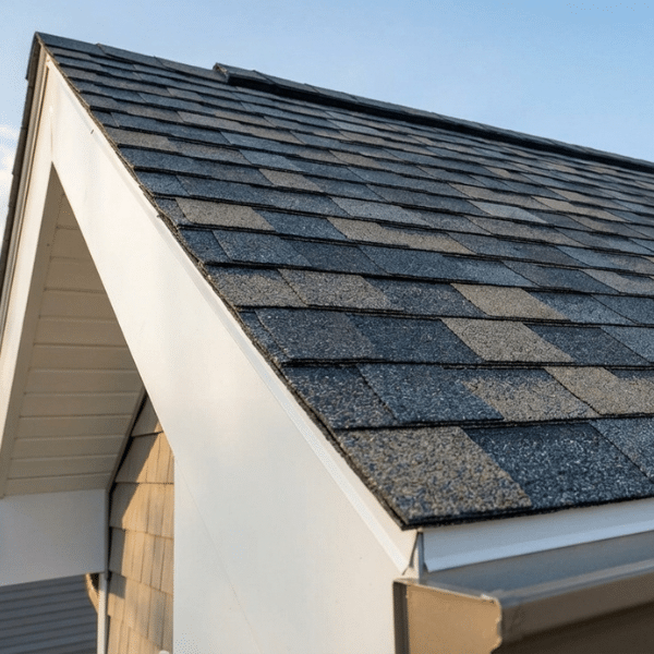 Close-up view of a house roof with dark gray asphalt shingles and white fascia, showcasing expert roof replacement on a clear day. Close-up view of a house roof with dark gray asphalt shingles and white fascia, showcasing expert roof replacement on a clear day.