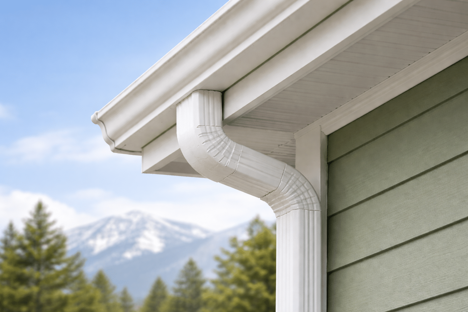 Close-up of a white rain gutter and downspout on the roof of a green house, with trees and a mountain in the background under a blue sky. Perfect for those with rain gutter questions or looking for rain gutter FAQs.