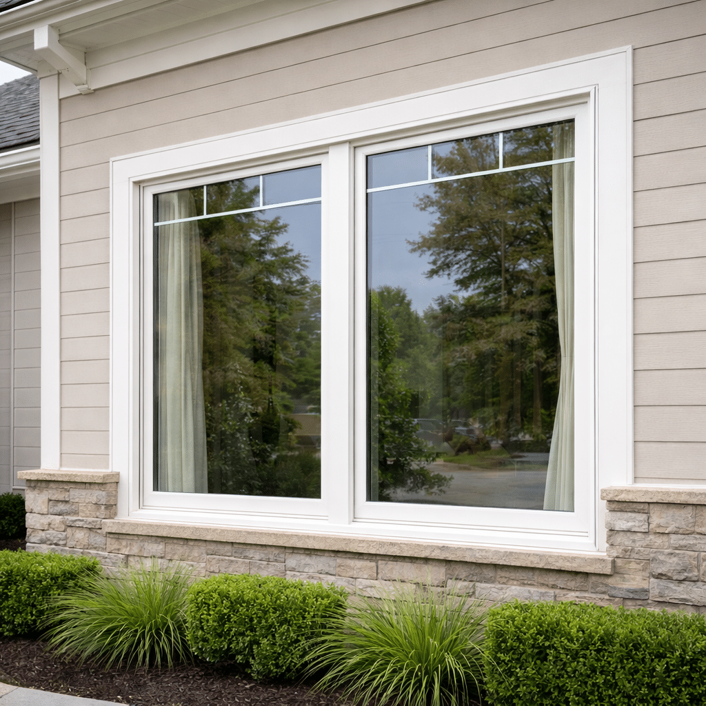 Large white-framed double windows on a beige house with stone trim, light curtains, and green shrubs and grass in the landscaped garden bed below. Perfect for enhancing curb appeal—discover more in our FAQ section about windows and doors.