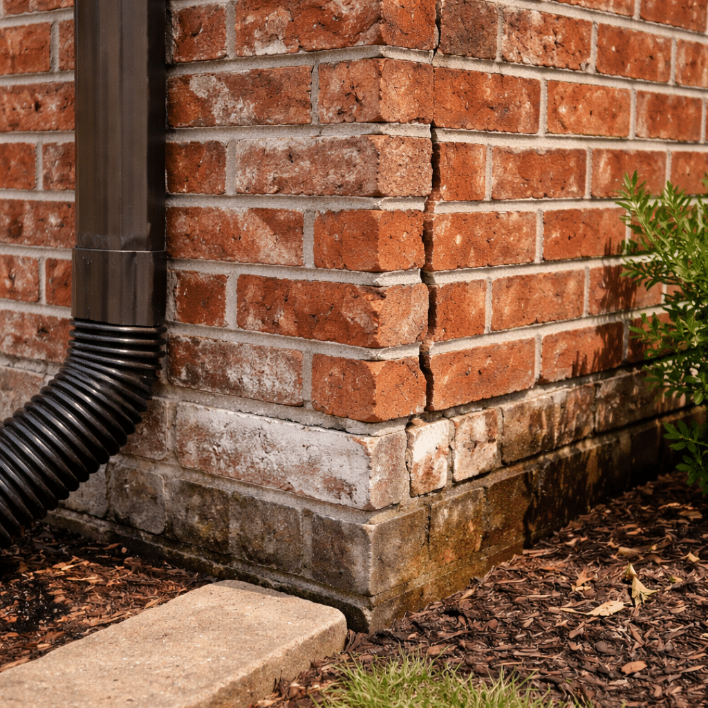 A large crack runs vertically along the corner of a Full-Bed Brick Exterior wall near a black downspout and garden bed in Salt Lake City. A large crack runs vertically along the corner of a Full-Bed Brick Exterior wall near a black downspout and garden bed in Salt Lake City.