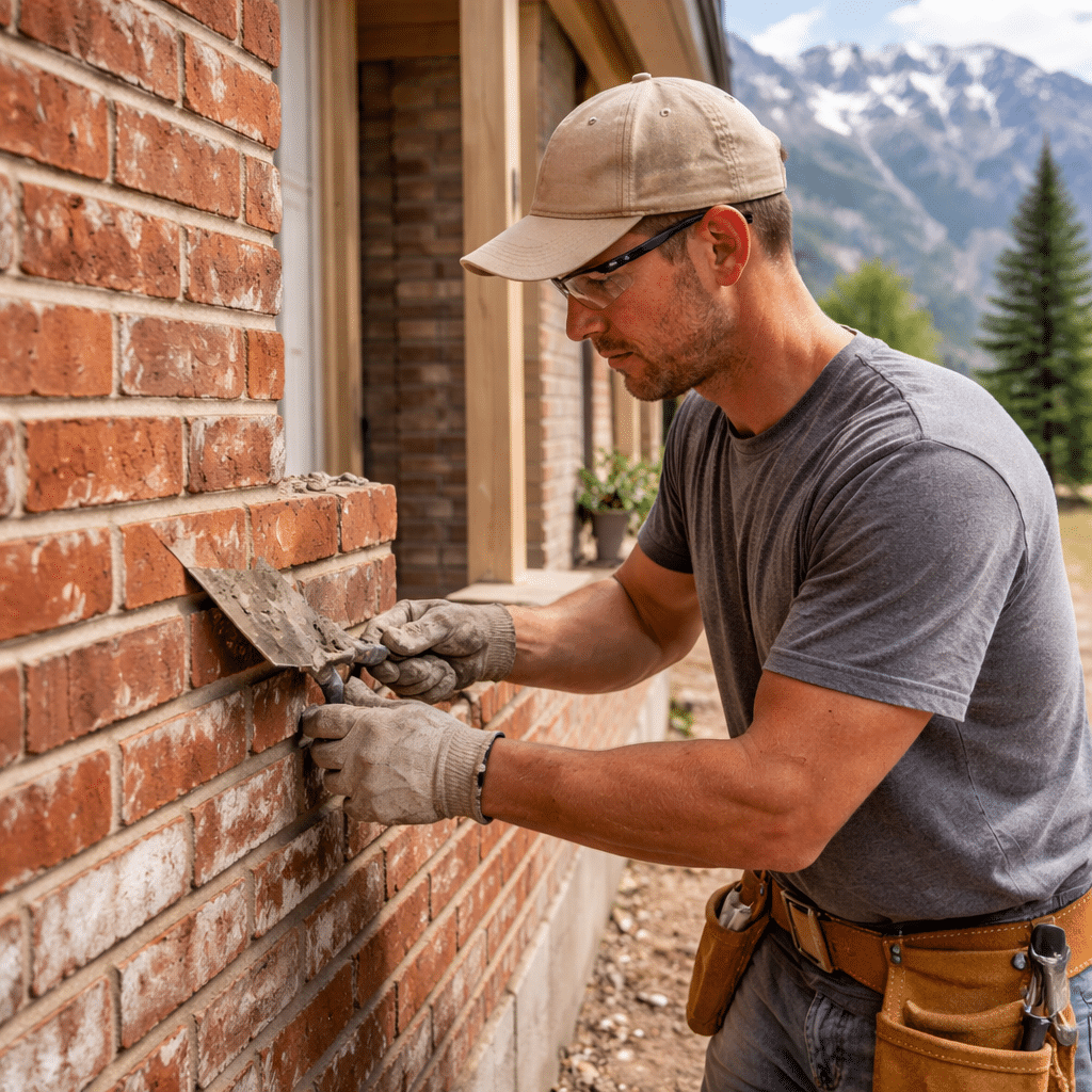 A man wearing a cap and gloves uses a trowel to spread mortar between bricks during a full-bed brick exterior installation, with mountains and trees visible in the Salt Lake City background. A man wearing a cap and gloves uses a trowel to spread mortar between bricks during a full-bed brick exterior installation, with mountains and trees visible in the Salt Lake City background.