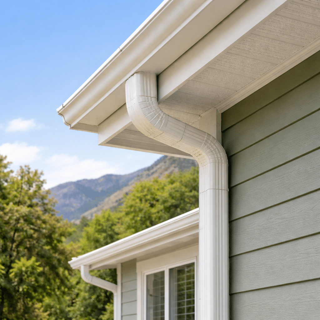 White rain gutter and downspout, expertly installed with matching fascia installation, attached to the corner of a light green house. Trees and mountains are visible in the background under a clear blue sky. White rain gutter and downspout, expertly installed with matching fascia installation, attached to the corner of a light green house. Trees and mountains are visible in the background under a clear blue sky.