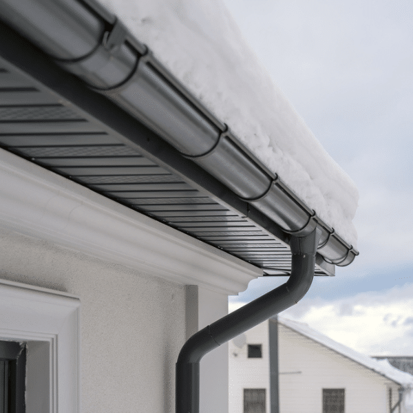 A close-up of a house gutter and downspout after recent gutter installation, with a layer of snow on the roof. Another building and a cloudy sky are visible in the background. A close-up of a house gutter and downspout after recent gutter installation, with a layer of snow on the roof. Another building and a cloudy sky are visible in the background.
