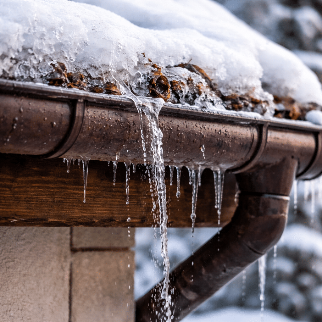 A snow-covered roof with ice and icicles hanging from a brown aluminum gutter, partially clogged with leaves and debris—common in Salt Lake City, Utah, highlighting the need for proper aluminum gutter installation. A snow-covered roof with ice and icicles hanging from a brown aluminum gutter, partially clogged with leaves and debris—common in Salt Lake City, Utah, highlighting the need for proper aluminum gutter installation.