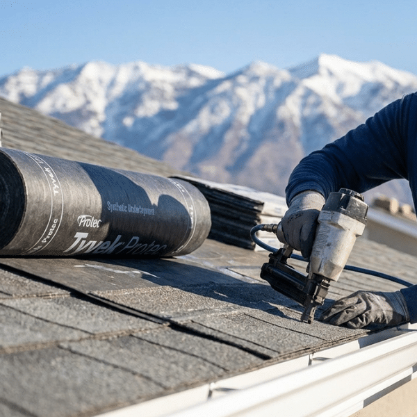 A person installs roof shingles with a nail gun next to a roll of underlayment, set against snow-capped mountains—showcasing expert roof replacement services in a beautiful location. A person installs roof shingles with a nail gun next to a roll of underlayment, set against snow-capped mountains—showcasing expert roof replacement services in a beautiful location.