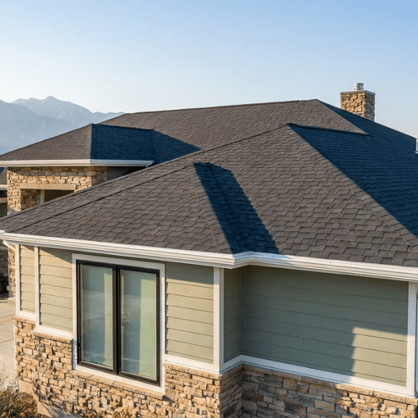 A house with green siding, stone accents, large windows, and a dark shingle roof—perfect for showcasing expert roof replacement or professional roof services—set against a clear sky with mountains in the background. A house with green siding, stone accents, large windows, and a dark shingle roof—perfect for showcasing expert roof replacement or professional roof services—set against a clear sky with mountains in the background.