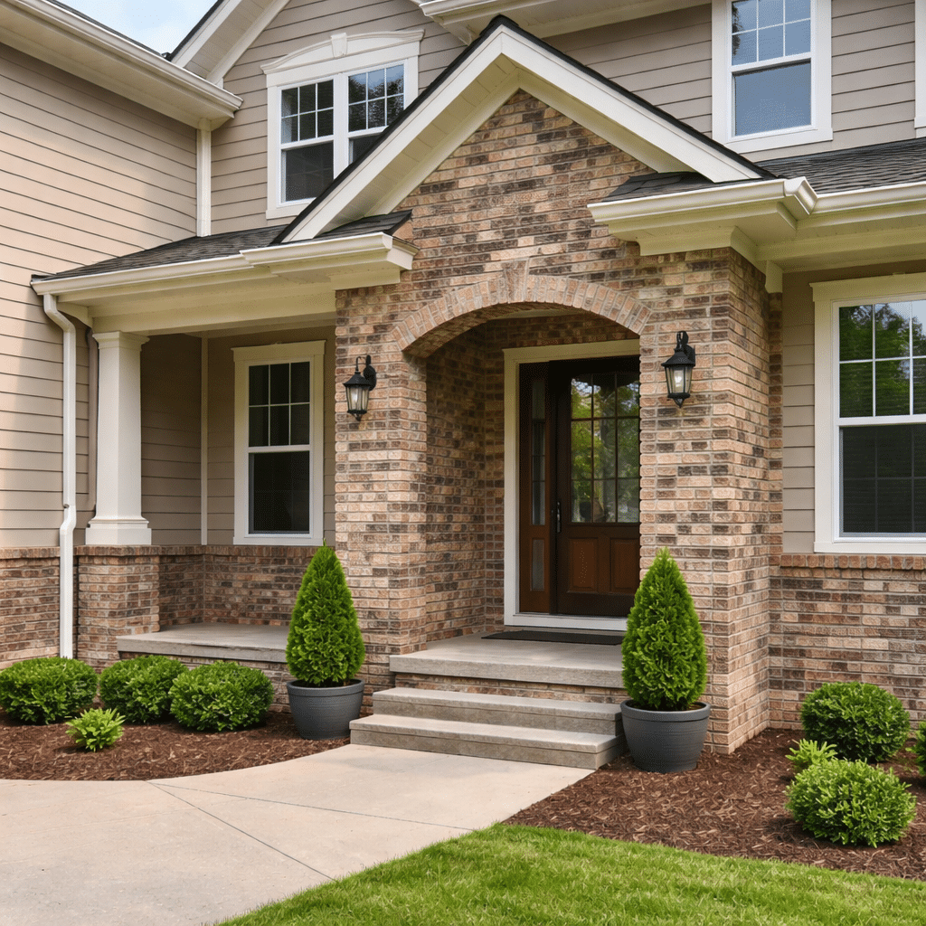 Front entrance of a suburban house in Salt Lake City featuring brick and siding exterior, a wooden door, arched porch, potted topiary plants, shrubs, and a concrete walkway with elegant thin brick veneer by an expert installation contractor.
