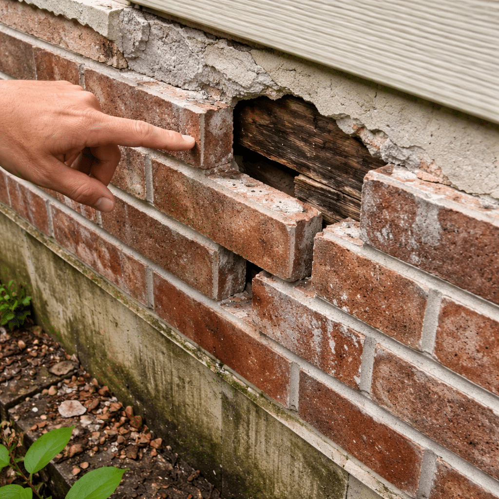 A hand points at a damaged brick wall on a house exterior in Salt Lake City, revealing missing bricks and exposed wood—an issue best addressed by an experienced installation contractor or repaired with thin brick veneer. A hand points at a damaged brick wall on a house exterior in Salt Lake City, revealing missing bricks and exposed wood—an issue best addressed by an experienced installation contractor or repaired with thin brick veneer.