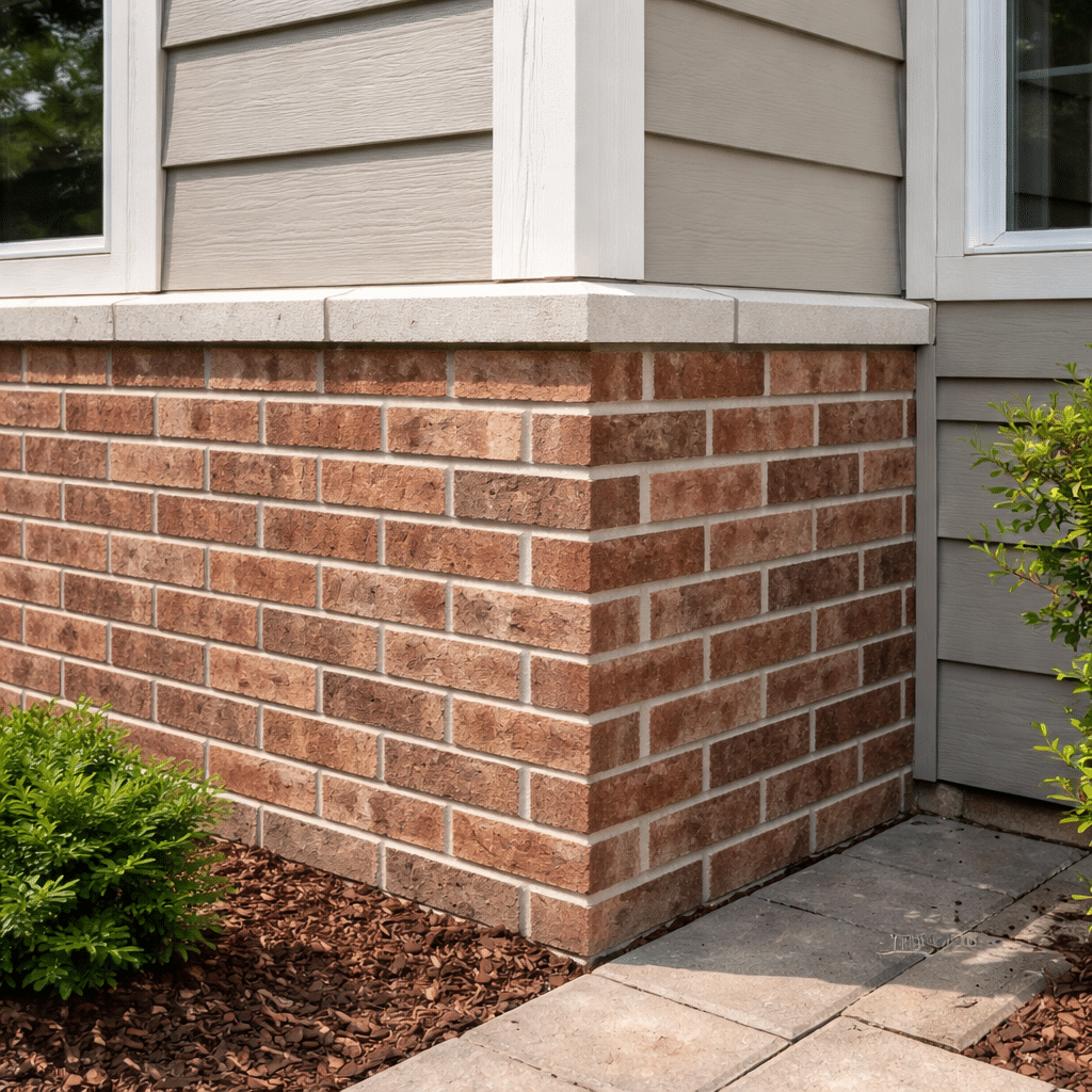 Corner of a house exterior in Salt Lake City, featuring beige horizontal siding above a red brick foundation with thin brick veneer, bordered by shrubs, mulch, and a stone walkway—crafted by an expert installation contractor. Corner of a house exterior in Salt Lake City, featuring beige horizontal siding above a red brick foundation with thin brick veneer, bordered by shrubs, mulch, and a stone walkway—crafted by an expert installation contractor.