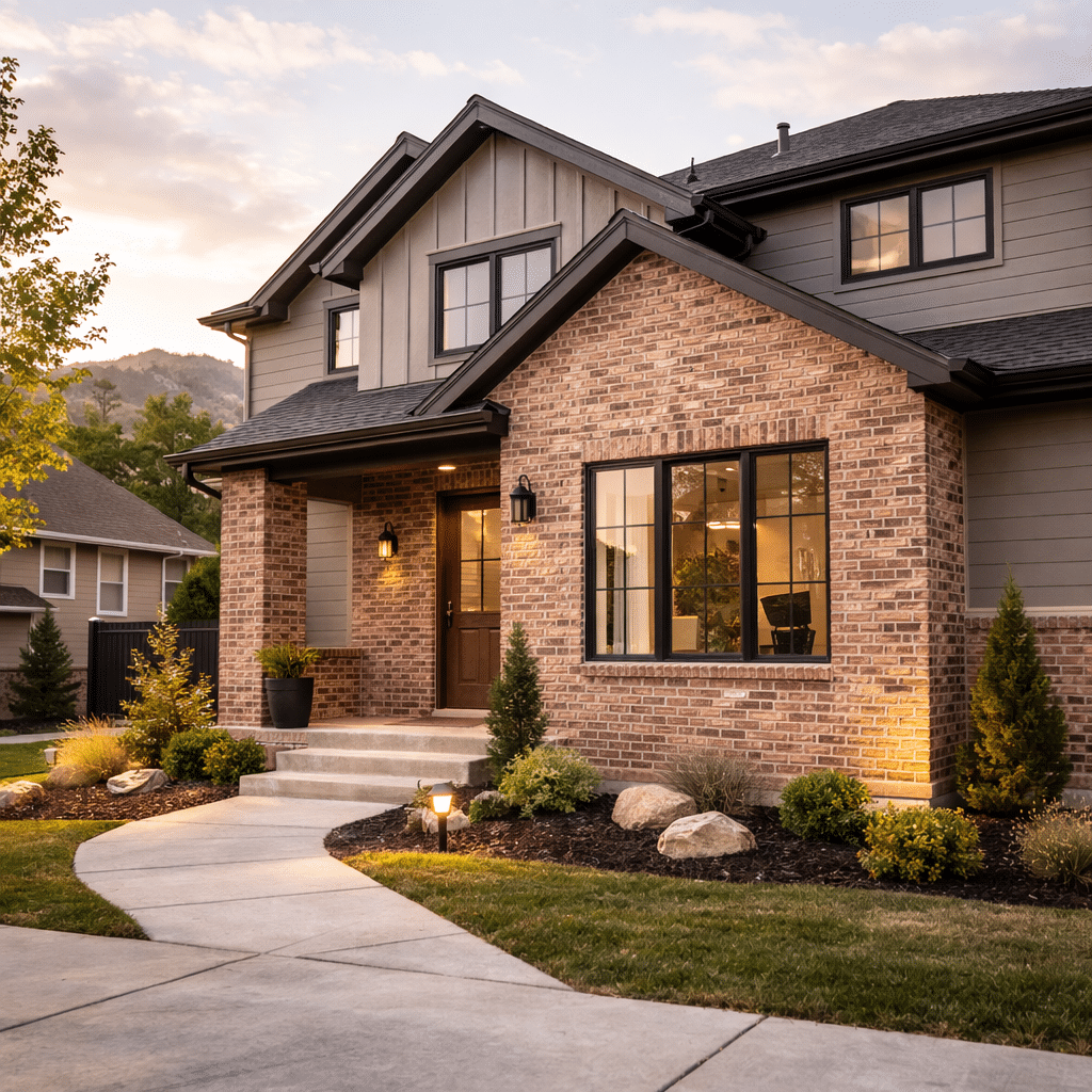 Two-story suburban house in Salt Lake City with brick and siding exterior, large windows, a brown front door, landscaped yard with shrubs, and a curved walkway at sunset—perfect for a thin brick veneer installation contractor project. Two-story suburban house in Salt Lake City with brick and siding exterior, large windows, a brown front door, landscaped yard with shrubs, and a curved walkway at sunset—perfect for a thin brick veneer installation contractor project.