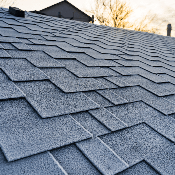 Close-up view of a frost-covered GAF Timberline UHDZ shingled roof with a house and leafless trees in the background at sunrise in Salt Lake City. Close-up view of a frost-covered GAF Timberline UHDZ shingled roof with a house and leafless trees in the background at sunrise in Salt Lake City.
