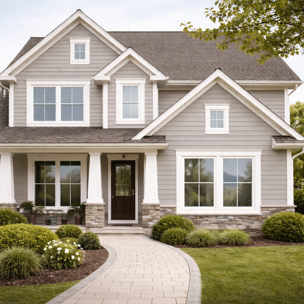 A two-story house with gray siding, white trim, and a covered front porch, surrounded by green shrubs and a landscaped lawn—perfect for enjoying Salt Lake City living or considering expert Vinyl Window Installation in Utah. A two-story house with gray siding, white trim, and a covered front porch, surrounded by green shrubs and a landscaped lawn—perfect for enjoying Salt Lake City living or considering expert Vinyl Window Installation in Utah.