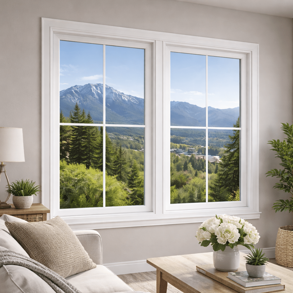 A bright living room with a sofa, table, and flowers features large vinyl windows overlooking a forested landscape and distant snow-capped mountains near Salt Lake City, Utah. A bright living room with a sofa, table, and flowers features large vinyl windows overlooking a forested landscape and distant snow-capped mountains near Salt Lake City, Utah.