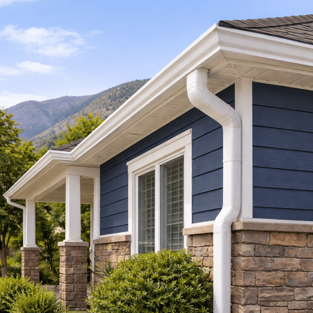 A close-up view of a house exterior with blue siding, white trim, stone pillars, white gutters showcasing expert gutter installation, and a visible mountain landscape in the background. A close-up view of a house exterior with blue siding, white trim, stone pillars, white gutters showcasing expert gutter installation, and a visible mountain landscape in the background.