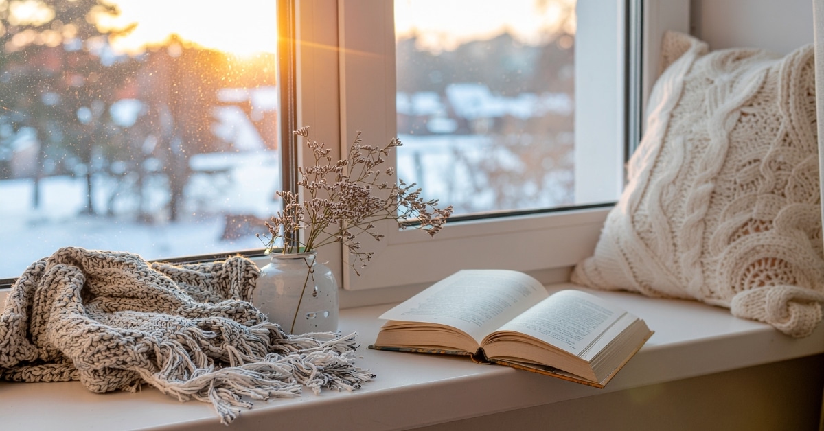 Open book, knitted blanket, and glass vase with dried flowers on a windowsill; winter sunlight and snow create a cozy scene framed by the windows outside.