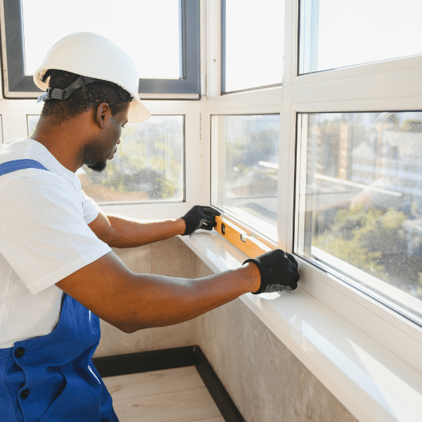 A worker in blue overalls and a white helmet uses a spirit level to check the alignment of a window sill indoors, ensuring precise installation of windows during daylight. A worker in blue overalls and a white helmet uses a spirit level to check the alignment of a window sill indoors, ensuring precise installation of windows during daylight.