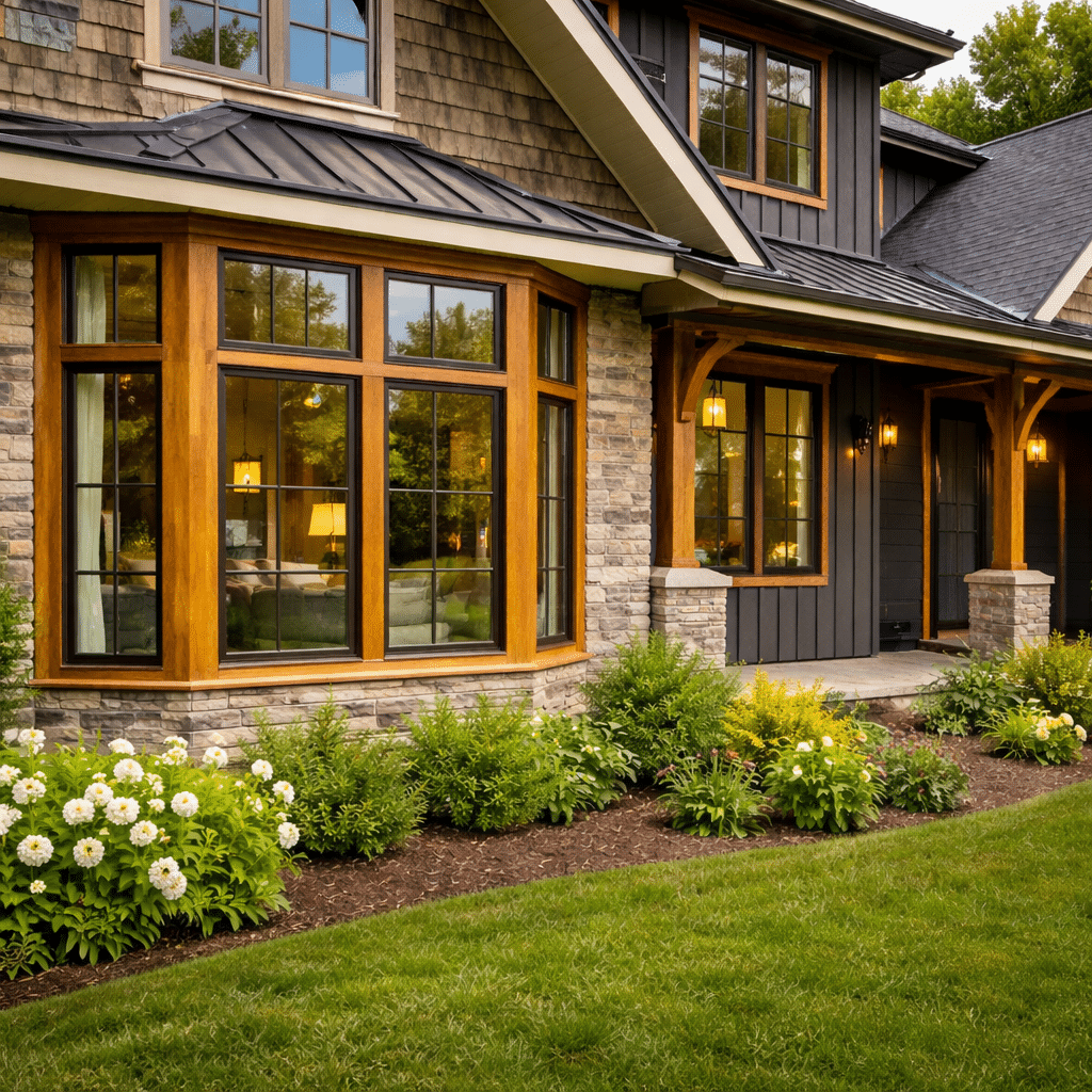 Modern house in Salt Lake City featuring expansive wood windows, stone and dark siding exterior, a landscaped garden, and neatly trimmed lawn. Modern house in Salt Lake City featuring expansive wood windows, stone and dark siding exterior, a landscaped garden, and neatly trimmed lawn.