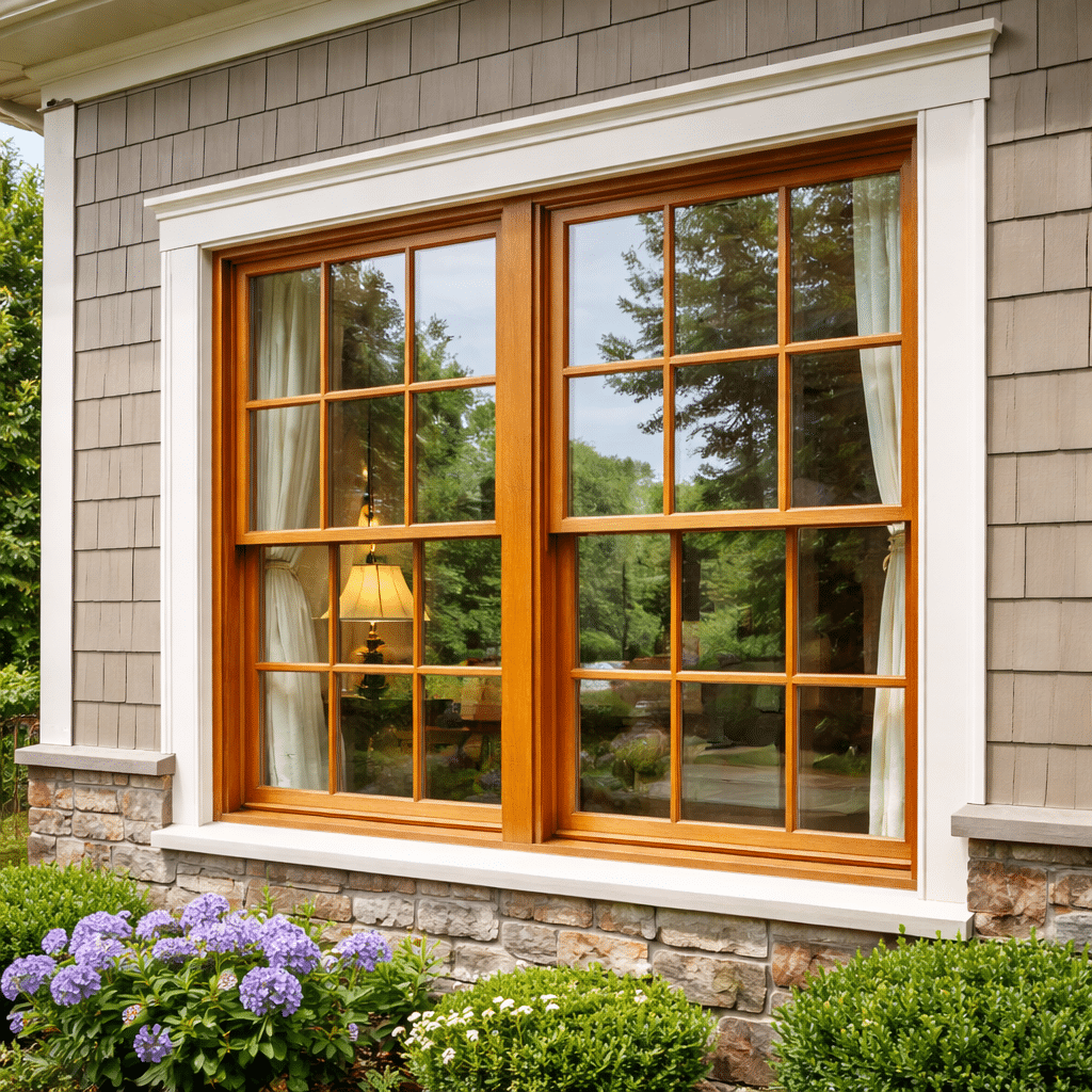 Double-hung wood windows with grid panes set in a stone and shingle exterior wall in Salt Lake City, with curtains and a lamp inside, plus purple flowers and greenery outside. Double-hung wood windows with grid panes set in a stone and shingle exterior wall in Salt Lake City, with curtains and a lamp inside, plus purple flowers and greenery outside.