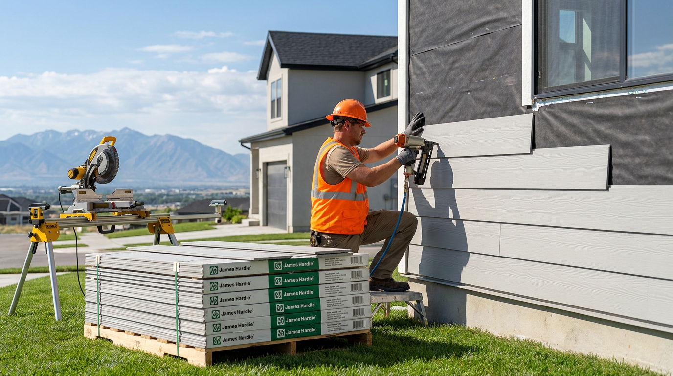 A construction worker in an orange vest and helmet completes the installation of James Hardie siding on a house exterior, with tools and building materials nearby and mountains in the background—perfect for new homeowners. A construction worker in an orange vest and helmet completes the installation of James Hardie siding on a house exterior, with tools and building materials nearby and mountains in the background—perfect for new homeowners.