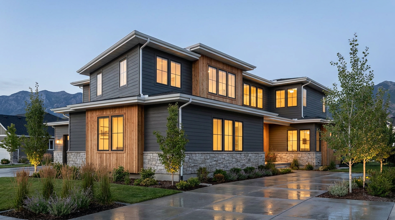 Modern two-story house with James Hardie gray siding, wood and stone accents, large windows, and a landscaped yard—perfect for new homeowners on a cloudy day. Modern two-story house with James Hardie gray siding, wood and stone accents, large windows, and a landscaped yard—perfect for new homeowners on a cloudy day.