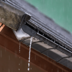 Clogged rain gutter causing water overflow near house