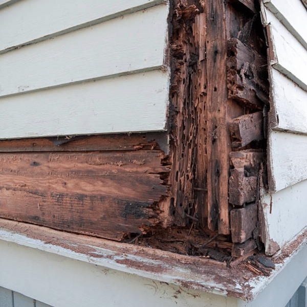Damaged Siding In Need Of Replacement Close up of cracked and damaged house siding showing water damage risk