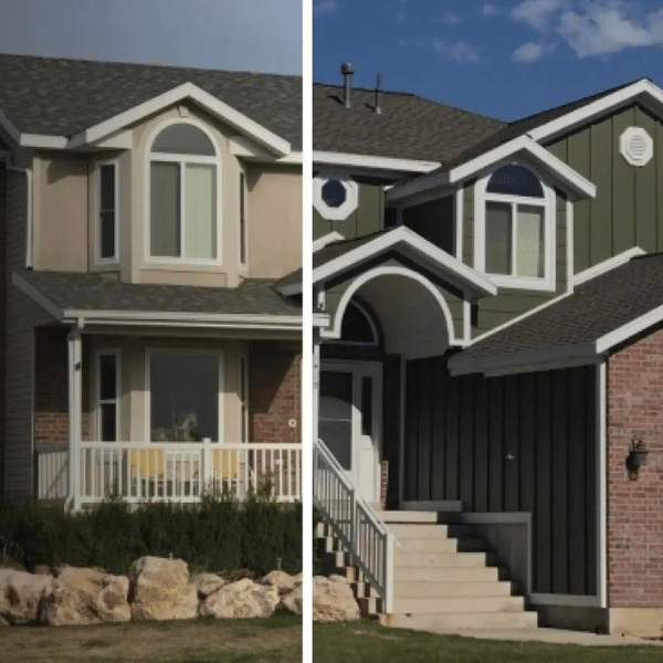 Old vs New House Siding Upgrade Comparison of outdated siding vs new vinyl siding on home