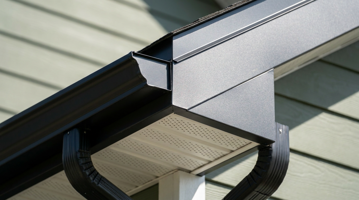 Close-up of a modern, black metal gutter system attached to the edge of a house roof with green siding and white soffit underneath—an essential detail in exterior remodeling that can boost your home’s value. Close-up of a modern, black metal gutter system attached to the edge of a house roof with green siding and white soffit underneath—an essential detail in exterior remodeling that can boost your home's value.