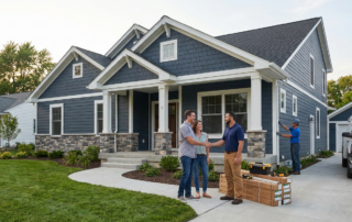 A couple of new homeowners stand outside a blue house, shaking hands with a contractor near construction materials, while another worker handles a James Hardie installation on a ladder by the van in the background.