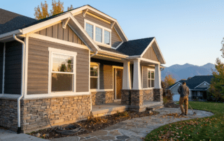 A person sweeps the walkway in front of a gray house with stone accents, surrounded by grass and trees, during sunset—a perfect snapshot of tidy curb appeal inspired by Renovation By Burbach, as featured at the 2026 Salt Lake Fall Home Show.