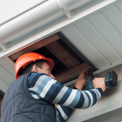 Underside of a roof eave showing white vinyl soffit vents